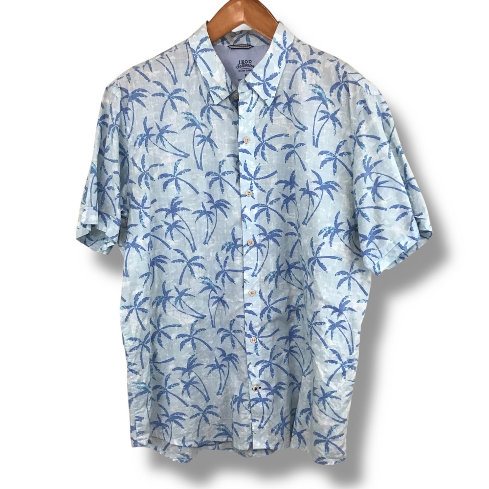 IZOD Saltwater‎ Relaxed Classics XL Blue Palm Tree Print Cotton Shirt